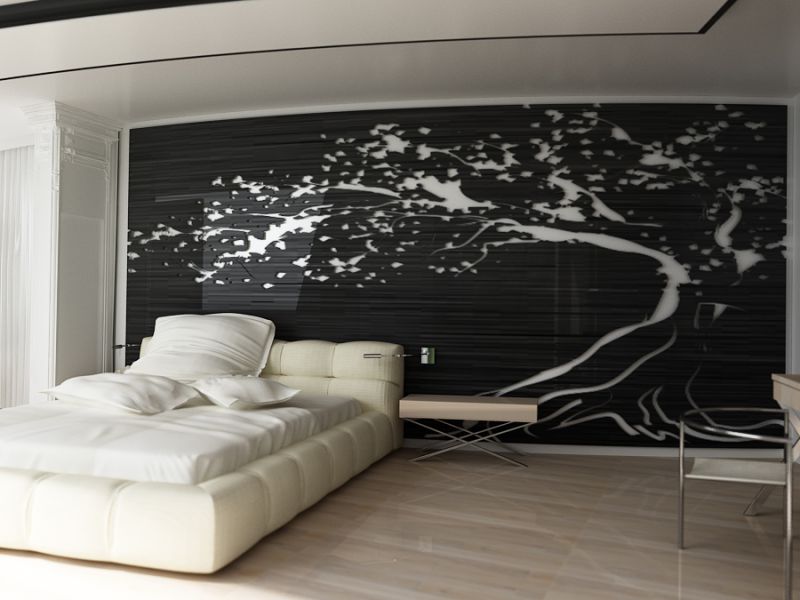 Sypialnia z kominkiem i podświetlaną ścianą